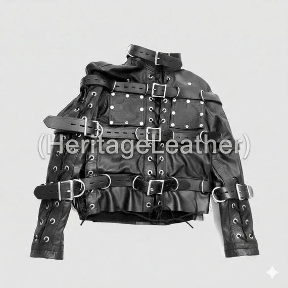 Genuine Sheepskin Leather Strapped Jacket – Black Buckle Front Statement Coat – Structured Lace-Up Leather Outerwear