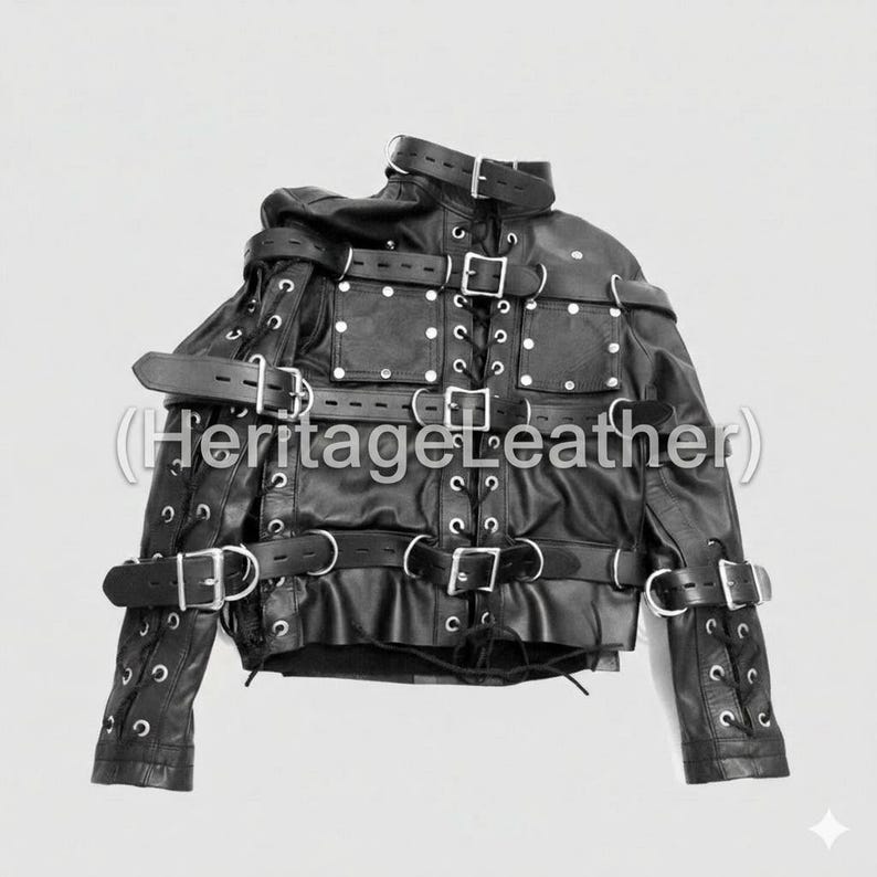 Chaqueta de piel de oveja auténtica con correas – Abrigo llamativo con hebilla frontal negra – Prenda exterior de cuero estructurado con cordones imagen 1
