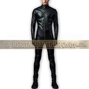 Black Leather Jumpsuit for Men – Full Body Suit with Front Zipper, Stylish Modern Outfit