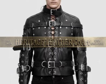 Chaqueta de cuero negra con hebilla para hombre, estilo gótico.