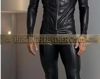 Men's Black Leather Catsuit Front Zip Slim Fit