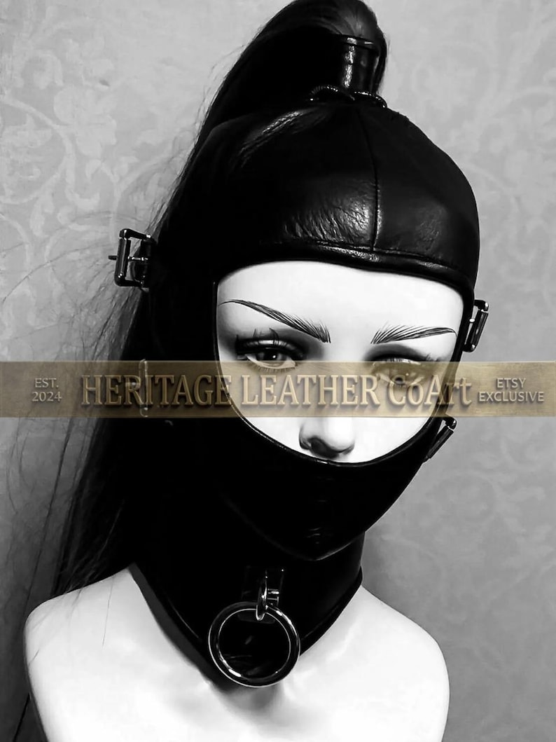 Handgemaakt leren hoofdkapmasker met ringen afbeelding 2