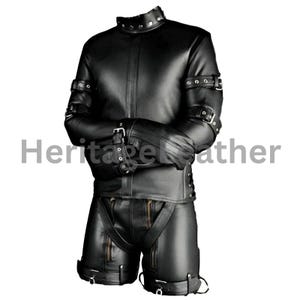 Men's Real Black Leather Straitjacket Cow Leather With D-Ring Buckle Design Full Body Suit