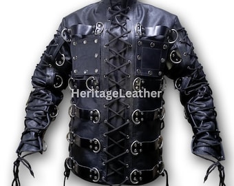 Chaqueta de cuero negro con cordones y hebillas metálicas, hecha a mano / Estilo gótico