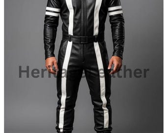 Tuta in pelle nera con strisce bianche – Completo in pelle da uomo