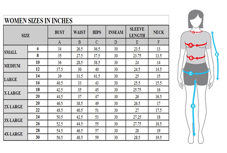 Puede incluir: Una tabla de tallas titulada WOMEN SIZES IN INCHES con columnas para medidas de busto, cintura, caderas, entrepierna, largo de manga y cuello. Un diagrama de una figura humana muestra los puntos A a F para estas medidas corporales.