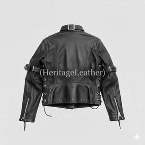 Chaqueta de piel de oveja auténtica con correas – Abrigo llamativo con hebilla frontal negra – Prenda exterior de cuero estructurado con cordones imagen 2