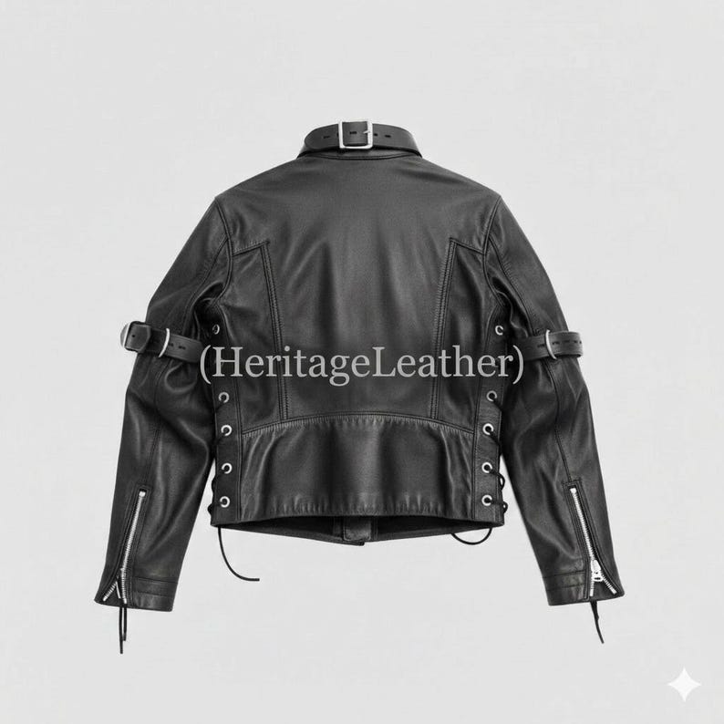 Chaqueta de piel de oveja auténtica con correas – Abrigo llamativo con hebilla frontal negra – Prenda exterior de cuero estructurado con cordones imagen 2