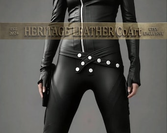 Mono de cuero negro para mujer con cremallera frontal.
