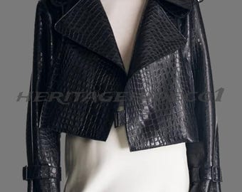 Black Croc Embossed Leather Cropped Biker Jacket: Handmade Cowhide