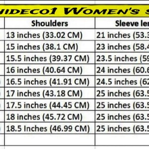 May include: A size chart for women's clothing, with measurements in inches and centimeters. The chart includes sizes XS to 5XL, detailing chest, shoulder, sleeve length, and fit-to-chest measurements. The text "HERITAGEHIDECO1 WOMEN'S SIZE CHART" is at the top.