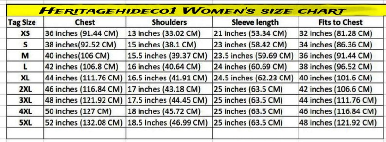 May include: A size chart for women's clothing, with measurements in inches and centimeters. The chart includes sizes XS to 5XL, detailing chest, shoulder, sleeve length, and fit-to-chest measurements. The text "HERITAGEHIDECO1 WOMEN'S SIZE CHART" is at the top.