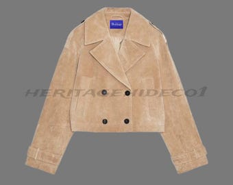 Handmade Beige Suede Leather Cropped Jacket: Double-Breasted Coat