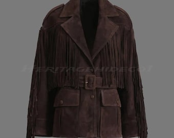 Women Dark Brown Suede Fringe Western Jacket: Vintage Cowboy Style