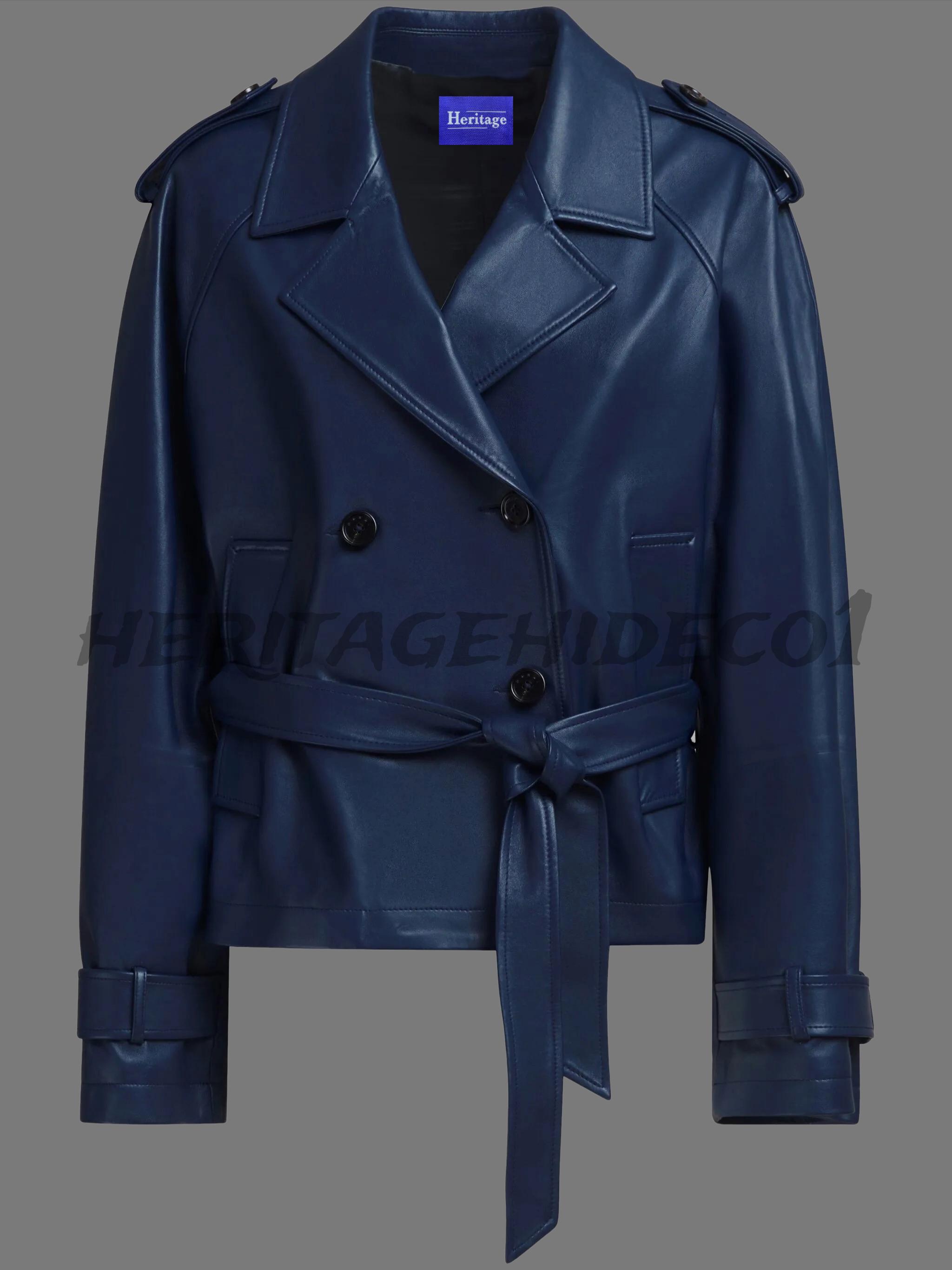 Navy Blue Leather Trench Coat - Women's Double Breasted Belted