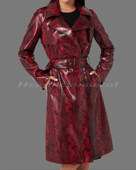 Women's Red Python Leather Trench Coat – Belted Snake Print Long