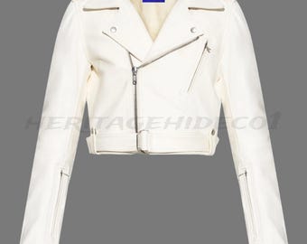 Jaqueta de couro cropped branca feminina Heritagehideco1 | Jaqueta estilo motoqueiro feita à mão | Casaco de couro legítimo com zíper e tamanho personalizado