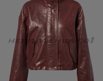 Heritagehideco1 Women’s Burgundy Leather Jacket | High Collar Moto Style | Handmade Real Leather | Custom Size Cropped Jacket