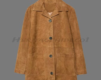 Vintage Brown Suede Jacket: Button-Up Fall Coat with Pockets