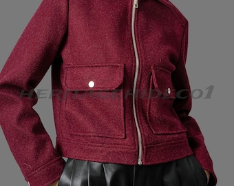Women's Wool Utility Zip Jacket, Burgundy Wool Short Coat, Handmade Winter Wool Jacket for Women | Heritagehideco1