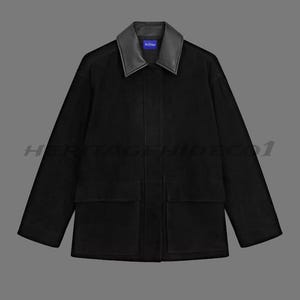 Women’s Black Suede Leather Jacket | Handmade Real Suede Coat with Leather Collar | Minimalist Luxury Outerwear | Heritagehideco1