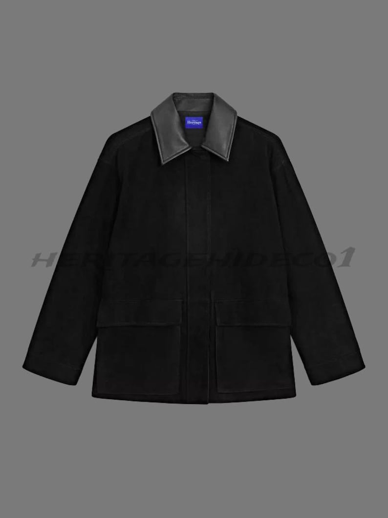 Women’s Black Suede Leather Jacket | Handmade Real Suede Coat with Leather Collar | Minimalist Luxury Outerwear | Heritagehideco1