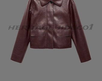 Heritagehideco1 Burgundy Cropped Leather Jacket Women | Genuine Leather Short Coat | Handmade Custom Size Available