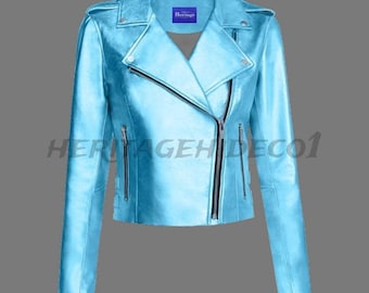 Metallic Blue Leather Biker Jacket – Cropped Moto Style Real Leather Coat