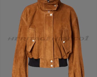 Women's Brown Suede Bomber Jacket | High Neck, Vintage Style