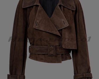 Women’s Dark Brown Suede Belted Jacket – Wide Lapel Cropped Coat – Vintage Inspired Outerwear