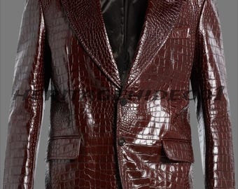 Blazer bordeaux en cuir embossé croco | Coupe personnalisée, manteau fait main