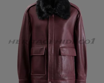Heritagehideco1 Burgundy Leather Jacket for Women | Black Fur Collar Winter Coat | Handmade Real Leather | Custom Size Outerwear