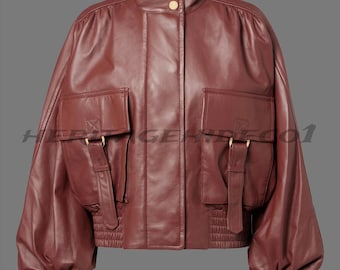 Burgundy Leather Bomber Jacket Women | Oversized High Collar Sheepskin Coat