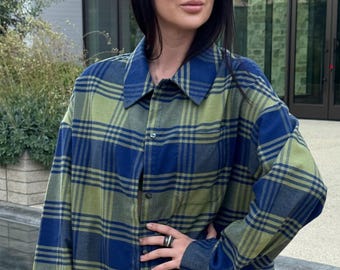 Oversized Plaid Cotton Shirt Women | Loose Fit Button Down | Casual Fall Blouse