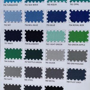 May include: A color chart featuring fabric swatches in various shades. Colors include turquoise, sea wave, aqua, opal, sky, bell blue, blue, royal box, navy, blueberry, light green, green apple, Dublin, bottle green, silver, and greyhound.
