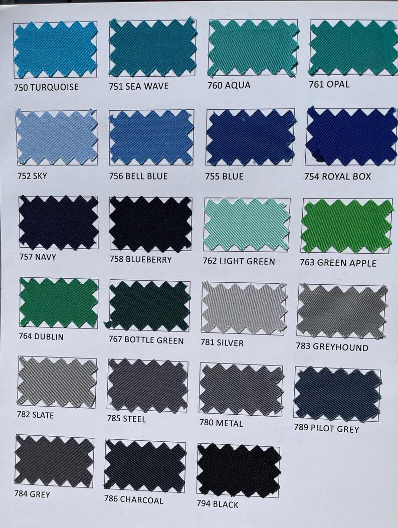 May include: A color chart featuring fabric swatches in various shades. Colors include turquoise, sea wave, aqua, opal, sky, bell blue, blue, royal box, navy, blueberry, light green, green apple, Dublin, bottle green, silver, and greyhound.