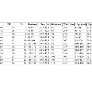 May include: A white table with size charts for clothing, including bust, waist, and hip measurements in inches and centimeters. The chart includes UA, EU, and US sizes, with measurements ranging from 2 to 24.