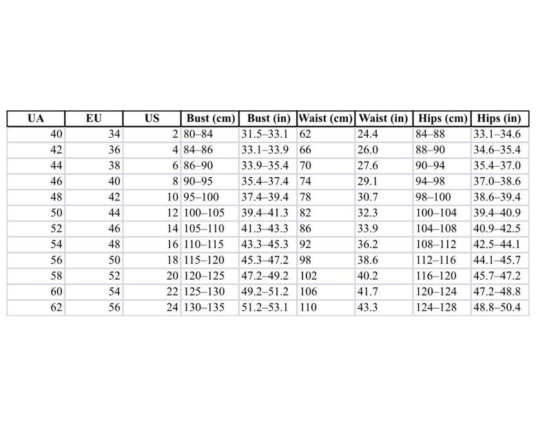 May include: A white table with size charts for clothing, including bust, waist, and hip measurements in inches and centimeters. The chart includes UA, EU, and US sizes, with measurements ranging from 2 to 24.