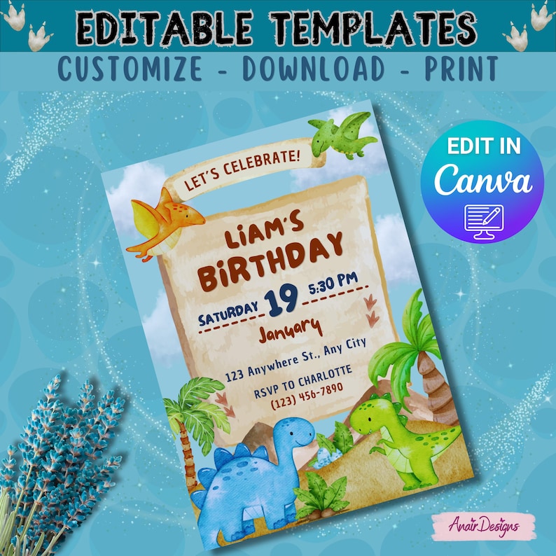 May include: A dinosaur-themed birthday invitation template with the text "Liam's Birthday" and event details. The design includes illustrations of dinosaurs, palm trees, and the words "Edit in Canva."