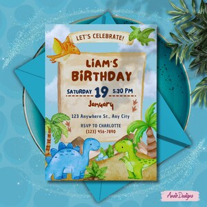 May include: A light blue dinosaur-themed birthday invitation with the text "LET'S CELEBRATE!" and "LIAM'S BIRTHDAY". The invitation includes the date, time, and location. Watercolor illustrations of dinosaurs and palm trees decorate the card.