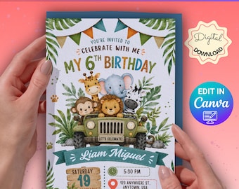 Safari Birthday Invitation Template | Editable 6th Birthday Invitation | Jungle Animals Invite | Vertical Invitation | Boy Birthday Invite