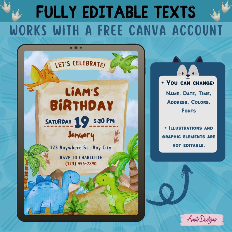 May include: A digital birthday invitation design featuring a dinosaur theme. The invitation includes the text "Liam's Birthday" with date and time details. The design is fully editable with a free Canva account. The invitation also includes the text "Let's Celebrate!"