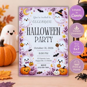 Puede incluir: Una tarjeta de invitación rectangular para una fiesta de Halloween con fantasmas blancos, calabazas naranjas, follaje morado, estrellas y una luna creciente. El texto dice: You're invited to CELEBRATE HALLOWEEN PARTY October 31, 2026 8:00 PM 123 Spooky Lane Happyville, CA 90210 RSVP (123) 456-7890.