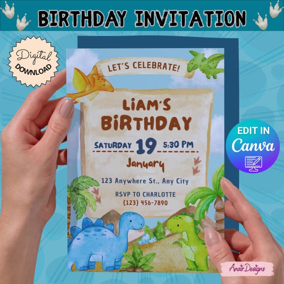 Dinosaur Birthday Invitation | Editable Dino Party Invite | Digital Download | Canva Template | Boys Birthday Invitation|Dino Party for Boys