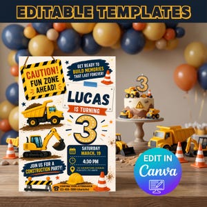 Editable Construction Birthday Invitation Template | Construction Party Invite | Truck Birthday Invitation | Boy Birthday Invite | Digital