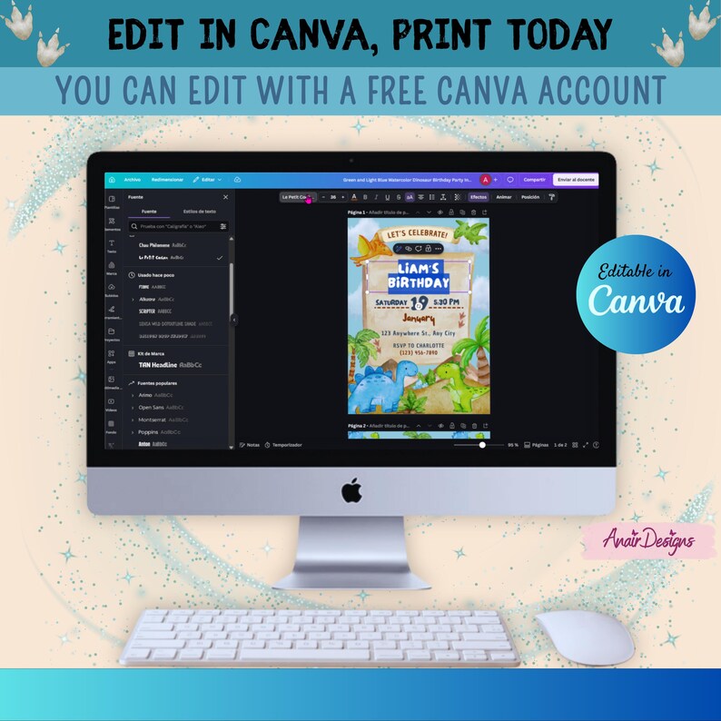 May include: A desktop computer displays a dinosaur-themed birthday party invitation template. The invitation features illustrations of dinosaurs and palm trees. Text on the screen reads "Liam's Birthday" and "Edit in Canva, Print Today". The computer has a white keyboard and mouse.