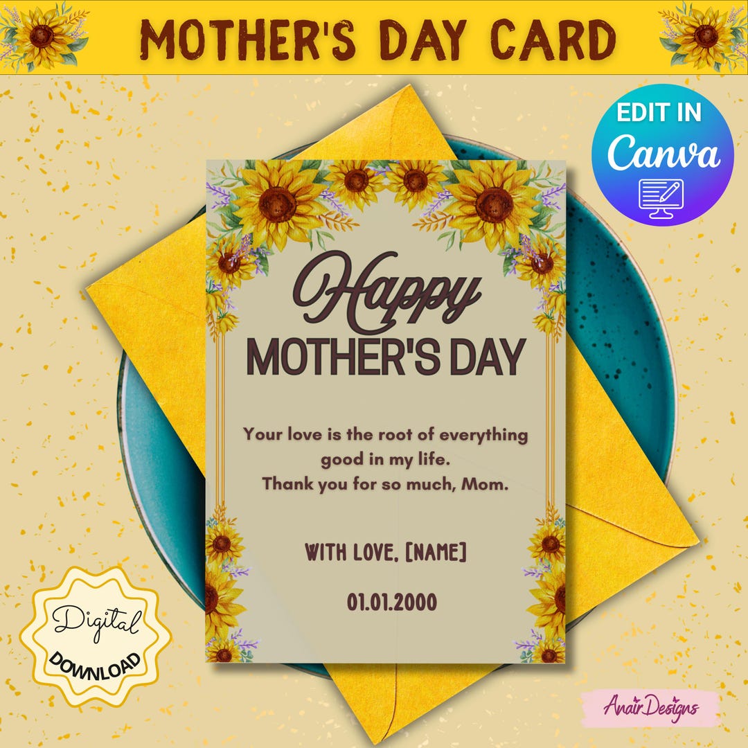 Editable Mothers Day Card | Floral Design | Sunflower Template ...