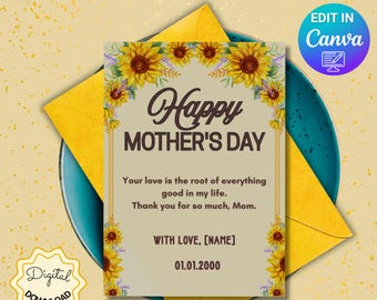 Editable Mothers Day Card | Floral Design | Sunflower Template | Instant Download | Printable Custom Card | Gift for Mom | Editable in Canva