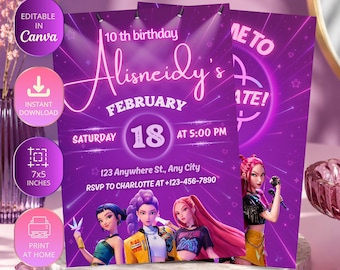 May include: A purple 7x5 inches birthday invitation template featuring three animated characters, neon light effects, and text including 10th birthday, Alisneidy's, February 18, Saturday, at 5:00 PM, 123 Anywhere St., Any City, and RSVP to Charlotte.
