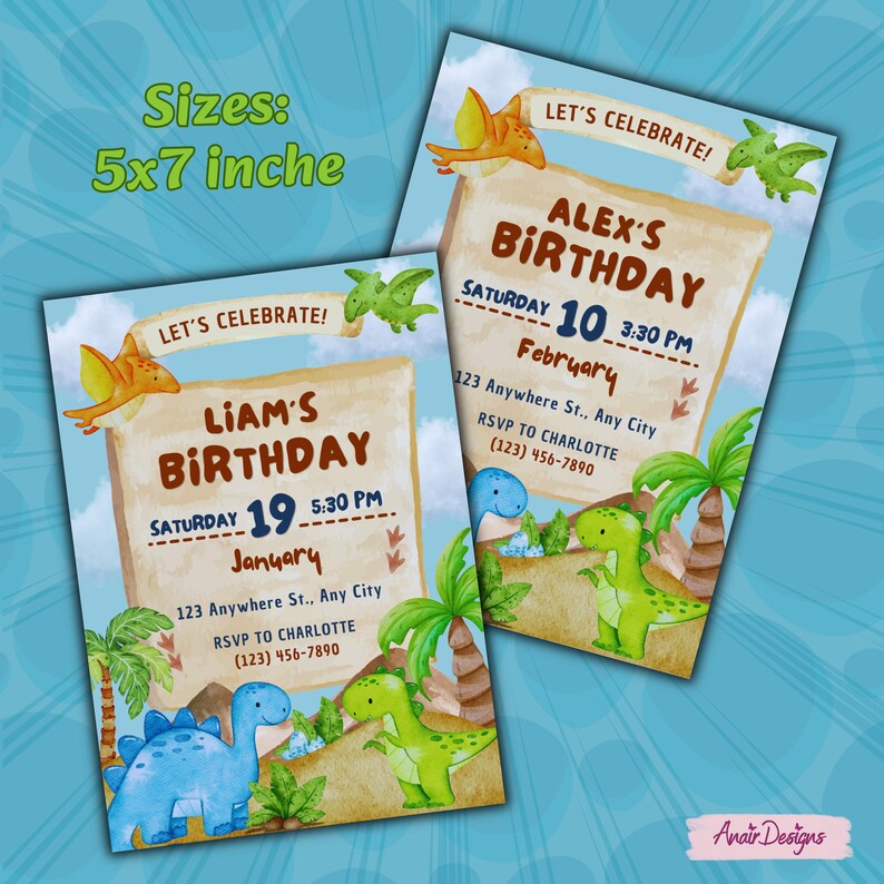 May include: Two 5x7 inch birthday invitations with a dinosaur theme. The invitations feature the text "Let's Celebrate!" and include details for Liam's and Alex's birthdays, including dates, times, and locations. The design includes illustrations of dinosaurs and palm trees.